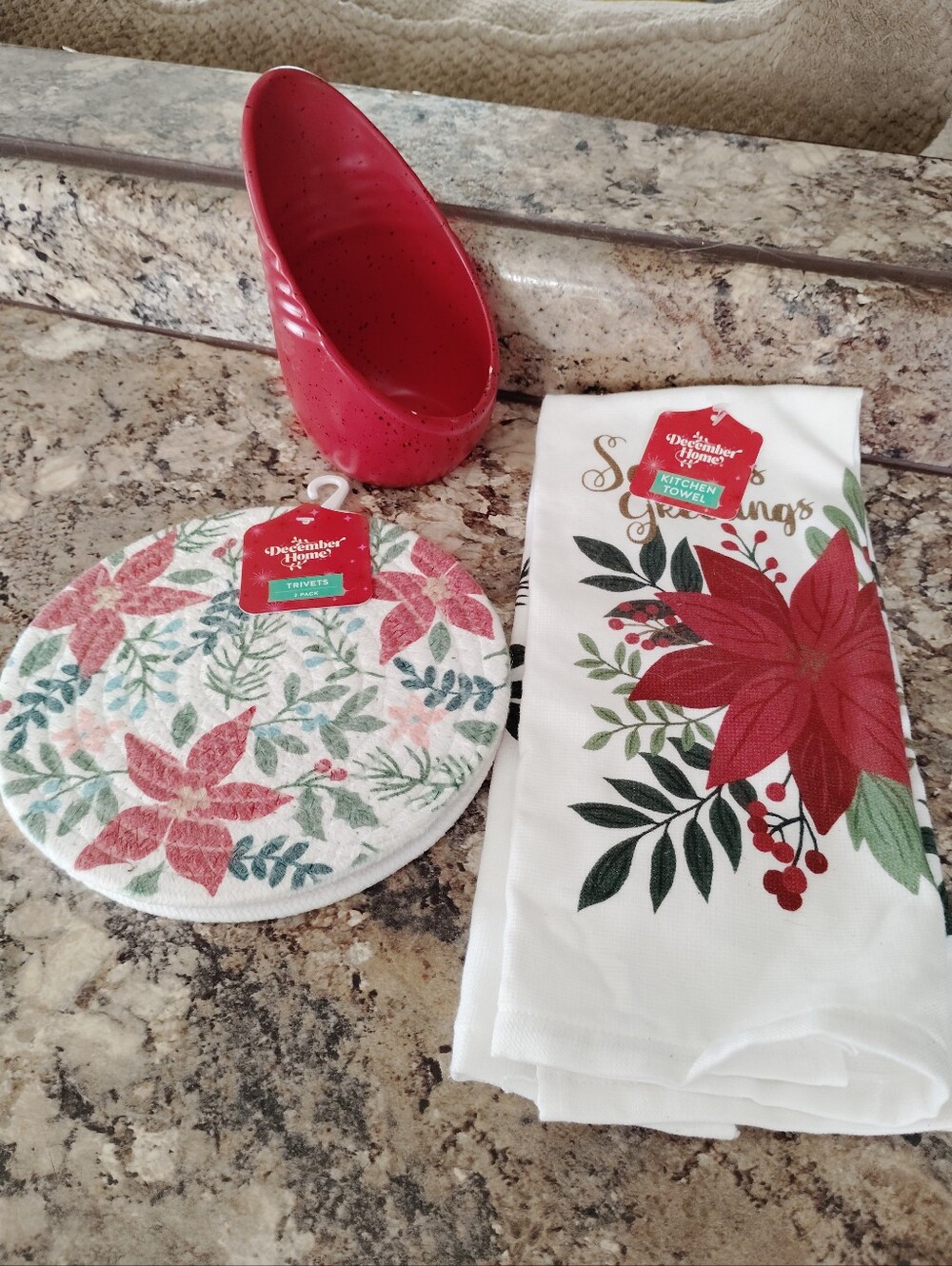 Red Poinsettia Kitchen Towel & Coaster Set